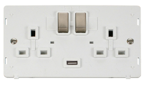 Click® Scolmore Definity™ SIN570PWBS 13A Ingot 2 Gang Switched Sockets With 2.1A USB Outlet (Twin Earth) Insert  Brushed Stainless Polar White Insert