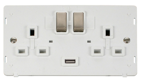 Click® Scolmore Definity™ SIN570PWBS 13A Ingot 2 Gang Switched Sockets With 2.1A USB Outlet (Twin Earth) Insert  Brushed Stainless Polar White Insert