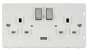 Click® Scolmore Definity™ SIN570PWCH 13A Ingot 2 Gang Switched Sockets With 2.1A USB Outlet (Twin Earth) Insert  Polished Chrome Polar White Insert