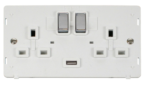 Click® Scolmore Definity™ SIN570PWCH 13A Ingot 2 Gang Switched Sockets With 2.1A USB Outlet (Twin Earth) Insert  Polished Chrome Polar White Insert