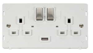 Click® Scolmore Definity™ SIN570PWSS 13A Ingot 2 Gang Switched Sockets With 2.1A USB Outlet (Twin Earth) Insert  Stainless Steel Polar White Insert