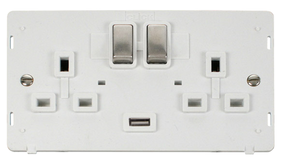 Click® Scolmore Definity™ SIN570PWSS 13A Ingot 2 Gang Switched Sockets With 2.1A USB Outlet (Twin Earth) Insert  Stainless Steel Polar White Insert