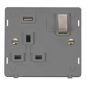 Click® Scolmore Definity™ SIN571UGYBS 13A Ingot 1 Gang Switched Socket With 2.1A USB Outlet (Twin Earth) Insert  Brushed Stainless Grey Insert