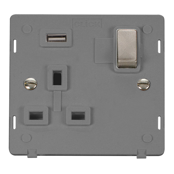 Click® Scolmore Definity™ SIN571UGYBS 13A Ingot 1 Gang Switched Socket With 2.1A USB Outlet (Twin Earth) Insert  Brushed Stainless Grey Insert