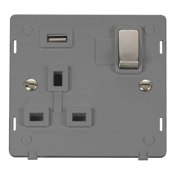 Click® Scolmore Definity™ SIN571UGYSS 13A Ingot 1 Gang Switched Socket With 2.1A USB Outlet (Twin Earth) Insert  Stainless Steel Grey Insert