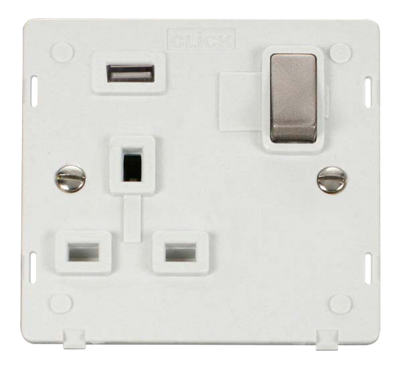 Click® Scolmore Definity™ SIN571UPWBS 13A Ingot 1 Gang Switched Socket With 2.1A USB Outlet (Twin Earth) Insert  Brushed Stainless Polar White Insert