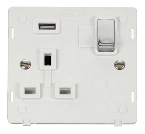 Click® Scolmore Definity™ SIN571UPWCH 13A Ingot 1 Gang Switched Socket With 2.1A USB Outlet (Twin Earth) Insert  Polished Chrome Polar White Insert