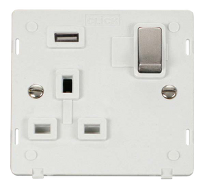Click® Scolmore Definity™ SIN571UPWSS 13A Ingot 1 Gang Switched Socket With 2.1A USB Outlet (Twin Earth) Insert  Stainless Steel Polar White Insert