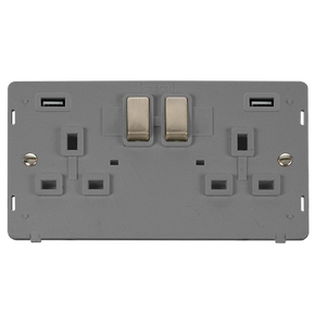 Click® Scolmore Definity™ SIN580GYBS 13A Ingot 2 Gang Switched Socket With Twin 2.1A USB Outlets (4.2A) (Twin Earth) Insert Brushed Stainless Grey Insert