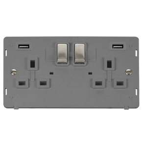 Click® Scolmore Definity™ SIN580GYSS 13A Ingot 2 Gang Switched Socket With Twin 2.1A USB Outlets (4.2A) (Twin Earth) Insert Stainless Steel Grey Insert