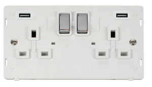 Click® Scolmore Definity™ SIN580PWCH 13A Ingot 2 Gang Switched Socket With Twin 2.1A USB Outlets (4.2A) (Twin Earth) Insert Polished Chrome Polar White Insert