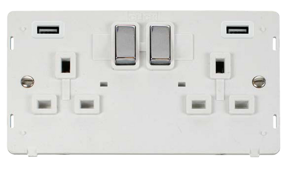 Click® Scolmore Definity™ SIN580PWCH 13A Ingot 2 Gang Switched Socket With Twin 2.1A USB Outlets (4.2A) (Twin Earth) Insert Polished Chrome Polar White Insert