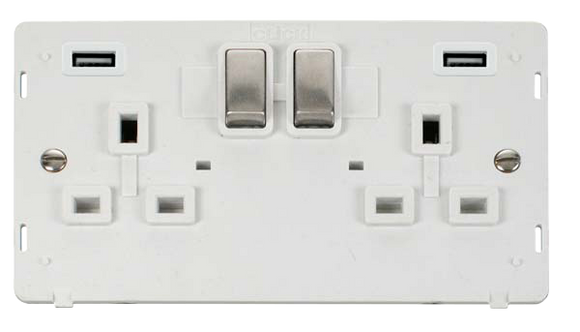 Click® Scolmore Definity™ SIN580PWSS 13A Ingot 2 Gang Switched Socket With Twin 2.1A USB Outlets (4.2A) (Twin Earth) Insert Stainless Steel Polar White Insert