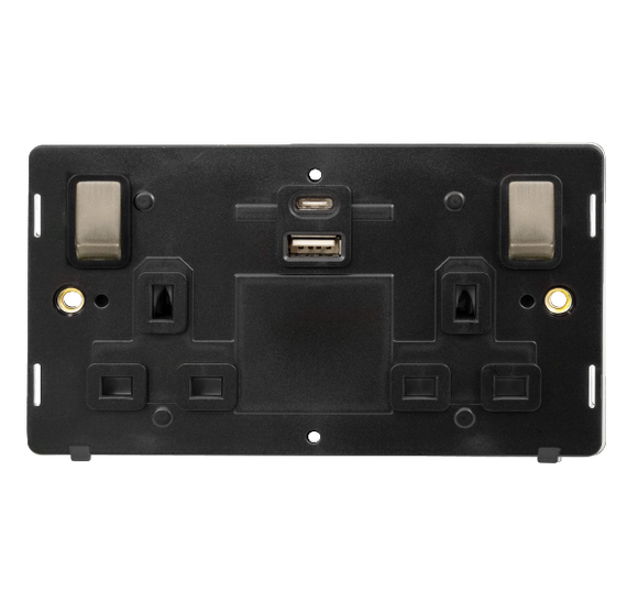 Click® Scolmore Definity™ SIN586BKBS 13A Ingot 2 Gang Switched Safety Shutter Socket Outlet With Type A & C USB (4.2A) Outlets (Twin Earth) Insert Brushed Stainless Black Insert
