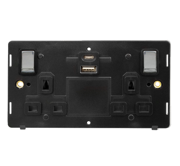 Click® Scolmore Definity™ SIN586BKCH 13A Ingot 2 Gang Switched Safety Shutter Socket Outlet With Type A & C USB (4.2A) Outlets (Twin Earth) Insert Stainless Steel Black Insert