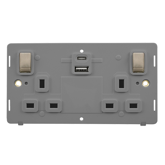 Click® Scolmore Definity™ SIN586GYBS 13A Ingot 2 Gang Switched Safety Shutter Socket Outlet With Type A & C USB (4.2A) Outlets (Twin Earth) Insert Brushed Stainless Grey Insert