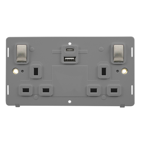 Click® Scolmore Definity™ SIN586GYSS 13A Ingot 2 Gang Switched Safety Shutter Socket Outlet With Type A & C USB (4.2A) Outlets (Twin Earth) Insert Stainless Steel Grey Insert
