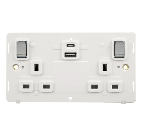 Click® Scolmore Definity™ SIN586PWCH 13A Ingot 2 Gang Switched Safety Shutter Socket Outlet With Type A & C USB (4.2A) Outlets (Twin Earth) Insert Brushed Stainless Polar White Insert