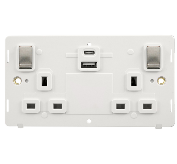 Click® Scolmore Definity™ SIN586PWSS 13A Ingot 2 Gang Switched Safety Shutter Socket Outlet With Type A & C USB (4.2A) Outlets (Twin Earth) Insert Stainless Steel Polar White Insert