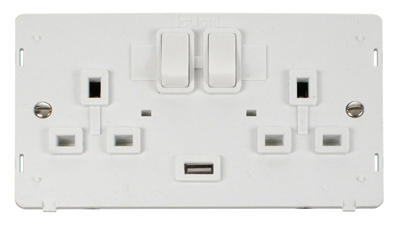 Click® Scolmore Definity™ SIN770PW 13A 2 Gang Switched Socket With 2.1A USB Outlet (Twin Earth) Insert   Polar White Insert