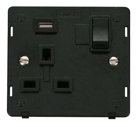 Click® Scolmore Definity™ SIN771UBK 13A 1 Gang Switched Socket With 2.1A USB Outlet (Twin Earth) Insert   Black Insert