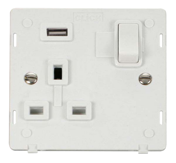 Click® Scolmore Definity™ SIN771UPW 13A 1 Gang Switched Socket With 2.1A USB Outlet (Twin Earth) Insert   Polar White Insert