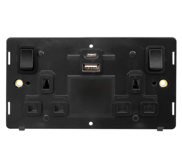 Click® Scolmore Definity™ SIN786BK 13A 2 Gang Switched Safety Shutter Socket Outlet With Type A & C USB (4.2A) Outlets (Twin Earth) Insert  Black Insert