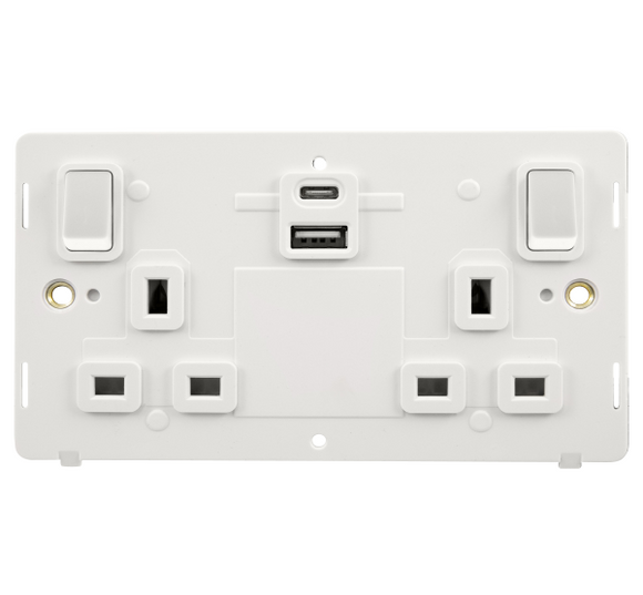 Click® Scolmore Definity™ SIN786PW 13A 2 Gang Switched Safety Shutter Socket Outlet With Type A & C USB (4.2A) Outlets (Twin Earth) Insert  Polar White Insert
