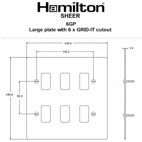 Hamilton 8WP6GP Sheer Grid-IT Primed White 6 Gang Grid Fix Aperture Plate with Grid Insert