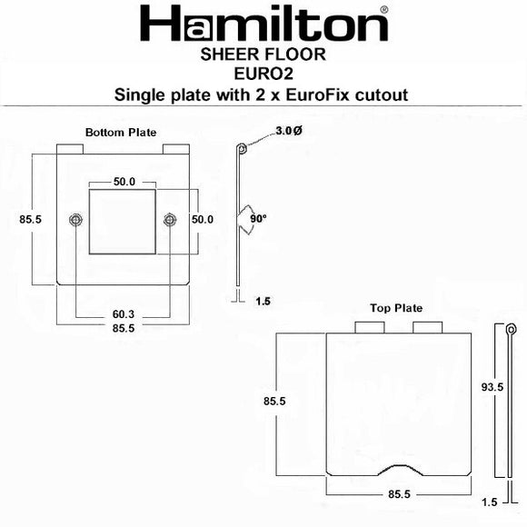 Hamilton 81DEURO2 Sheer Floor EuroFix Polished Brass Single Floor Plate complete with 2 EuroFix Apertures 50x50mm and Grid Insert