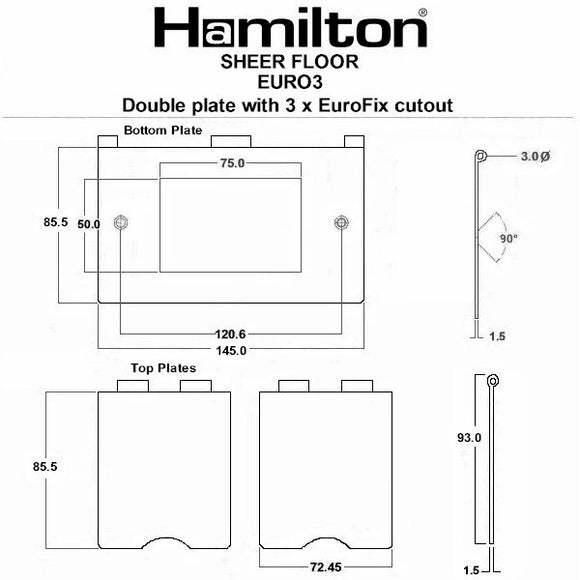 Hamilton 85DEURO3 Sheer Floor EuroFix Satin Nickel Double Floor Plate complete with 3 EuroFix Apertures 75x50mm and Grid Insert