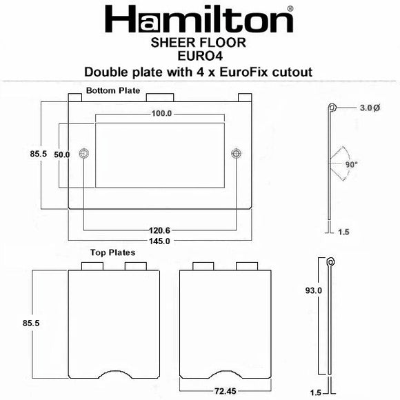 Hamilton 82DEURO4 Sheer Floor EuroFix Satin Brass Double Floor Plate complete with 4 EuroFix Apertures 100x50mm and Grid Insert