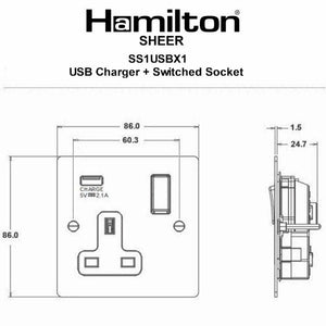 Hamilton 81SS1USBPB-W Sheer Polished Brass 1 gang 13A Single Pole Switched Socket with 1 USB Outlets 1x2.1A Polished Brass/White Insert