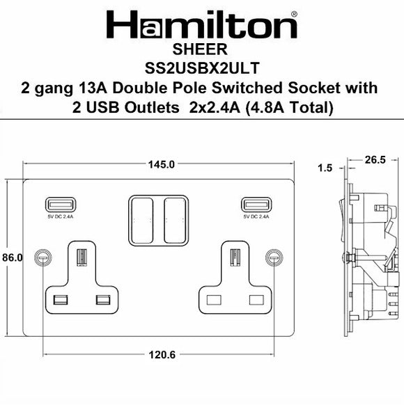 Hamilton 8RBSS2USBULTBL-B Sheer Richmond Bronze 2 gang 13A Double Pole Switched Socket with 2 USB Ultra Outlets 2x2.4A Black/Black - NOT Suitable for Over Painting Insert
