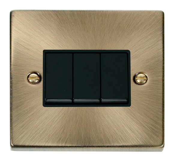 Click® Scolmore Deco® VPAB013BK 10AX 3 Gang 2 Way Plate Switch Antique Brass Black Insert