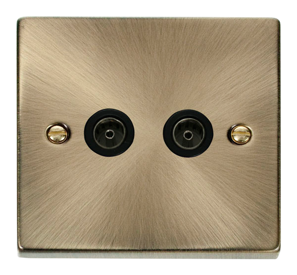 Click® Scolmore Deco® VPAB066BK Twin Coaxial Outlet Antique Brass Black Insert