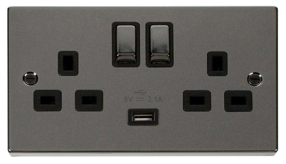 Click® Scolmore Deco® VPBN570BK 13A Ingot 2 Gang Switched Sockets With 2.1A USB Outlet (Twin Earth) Black Nickel Black Insert