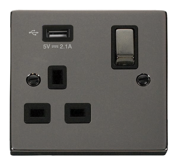 Click® Scolmore Deco® VPBN571UBK 13A Ingot 1 Gang Switched Socket With 2.1A USB Outlet (Twin Earth) Black Nickel Black Insert