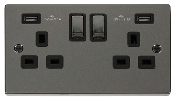 Click® Scolmore Deco® VPBN580BK 13A Ingot 2 Gang Switched Sockets With Twin 2.1A USB Outlets (4.2A) (Twin Earth) Black Nickel Black Insert