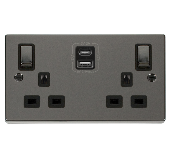 Click® Scolmore Deco® VPBN586BK 13A Ingot 2 Gang Switched Safety Shutter Socket Outlet With Type A & C USB (4.2A) Outlets (Twin Earth) Black Nickel Black Insert