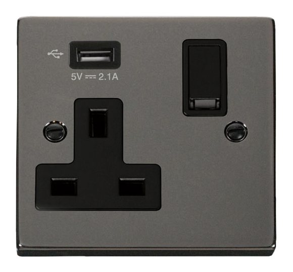 Click® Scolmore Deco® VPBN771UBK 13A 1 Gang Switched Socket With 2.1A USB Outlet (Twin Earth) Black Nickel Black Insert