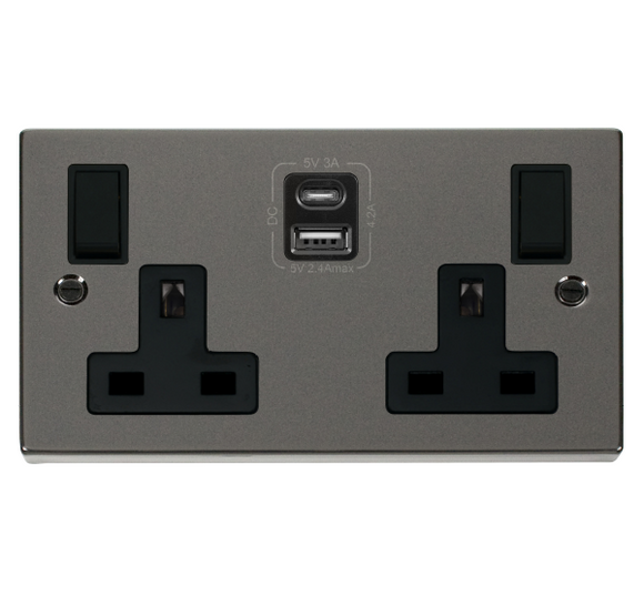 Click® Scolmore Deco® VPBN786BK 13A 2 Gang Switched Safety Shutter Socket Outlet With Type A & C USB (4.2A) Outlets (Twin Earth) Black Nickel Black Insert