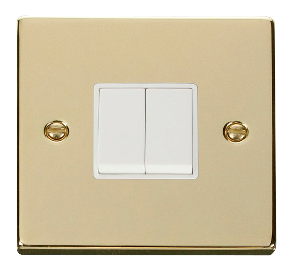 Click® Scolmore Deco® VPBR012WH 10AX 2 Gang 2 Way Plate Switch Polished Brass White Insert
