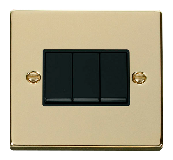 Click® Scolmore Deco® VPBR013BK 10AX 3 Gang 2 Way Plate Switch Polished Brass Black Insert