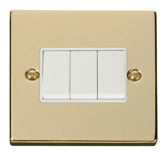 Click® Scolmore Deco® VPBR013WH 10AX 3 Gang 2 Way Plate Switch Polished Brass White Insert