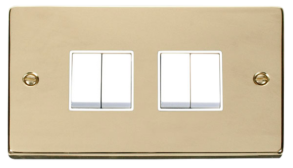 Click® Scolmore Deco® VPBR019WH 10AX 4 Gang 2 Way Plate Switch Polished Brass White Insert