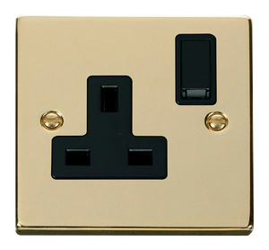 Click® Scolmore Deco® VPBR035BK 13A 1 Gang DP Switched Socket Polished Brass Black Insert