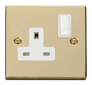 Click® Scolmore Deco® VPBR035WH 13A 1 Gang DP Switched Socket Polished Brass White Insert