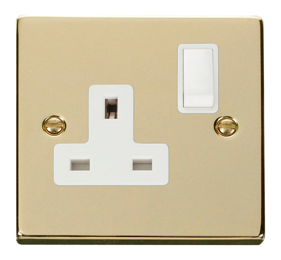 Click® Scolmore Deco® VPBR035WH 13A 1 Gang DP Switched Socket Polished Brass White Insert