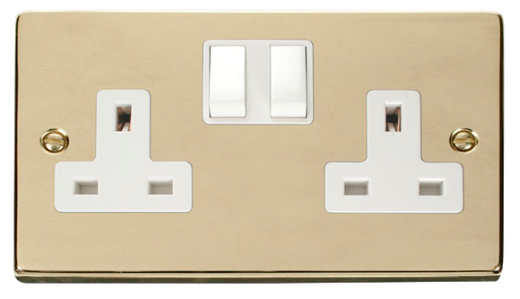 Click® Scolmore Deco® VPBR036WH 13A 2 Gang DP Switched Socket (Twin Earth) Polished Brass White Insert